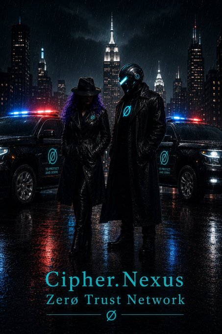 A promotional poster titled 'Cipher.Nexus - Zero Trust Network' featuring two figures in black coats standing in front of police cars in a rainy cityscape.