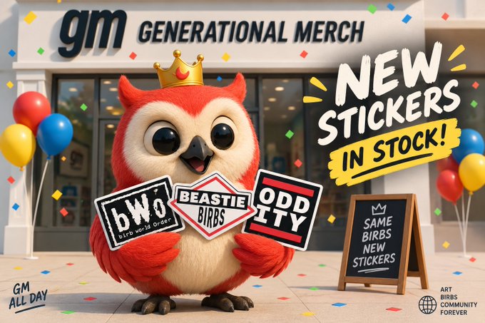 A 3D-rendered cartoon owl mascot wearing a crown holds three stickers reading "bWo birb world order," "BEASTIE BIRBS," and "ODDITY," standing in front of a storefront advertising "gm GENERATIONAL MERCH" and "NEW STICKERS IN STOCK!"