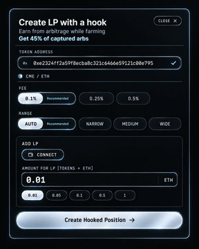 A dark-themed interface for creating a Uniswap V4 liquidity position (LP) with a hook, showing settings for 'Create LP with a hook' to 'Earn from arbitrage while farming' with 0.1% fee and 0.01 ETH amount.