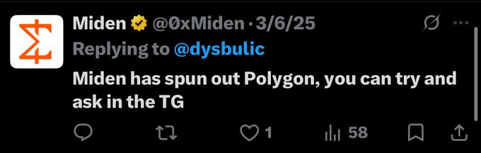 The image features a black background with white text that reads "Maiden has spanned out Polygon, you can try and ask in the TG". The text is written in a serif font style and is centered within the frame of the image.
