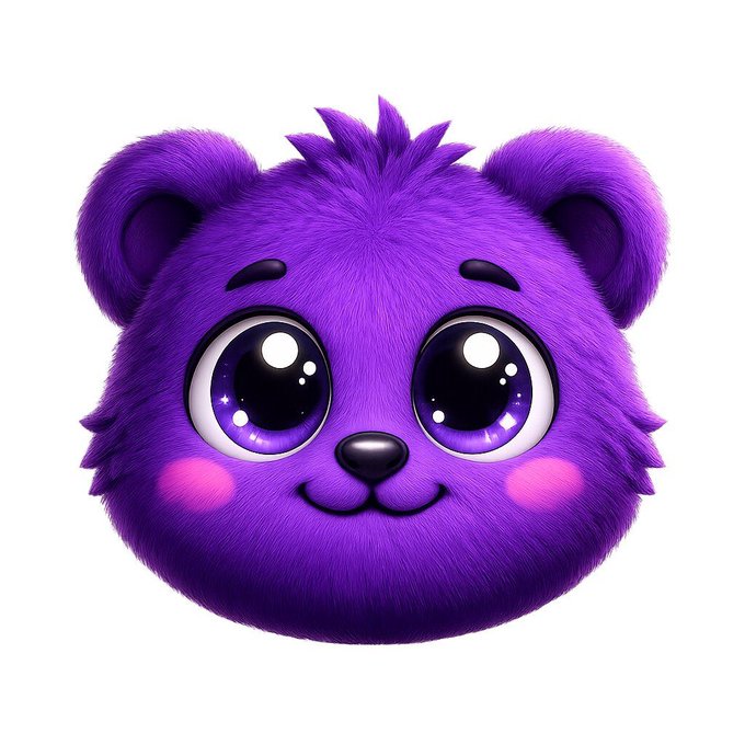A cute purple fluffy cartoon character with large sparkly eyes, pink cheeks, and a small smile on a white background.