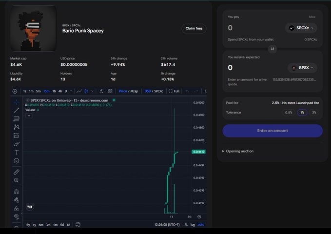 A cryptocurrency trading interface showing Bario Punk Spacey token with market cap $4.6K, a price chart of BPSX/SPCX on Uniswap V3, and a swap interface for trading BPSX and SPCX tokens.