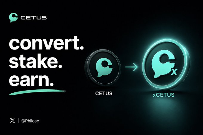 A promotional graphic for Cetus cryptocurrency showing the text 'convert. stake. earn.' with an arrow pointing from a 'CETUS' token to a larger 'xCETUS' token, featuring the Cetus whale logo in teal against a black background.