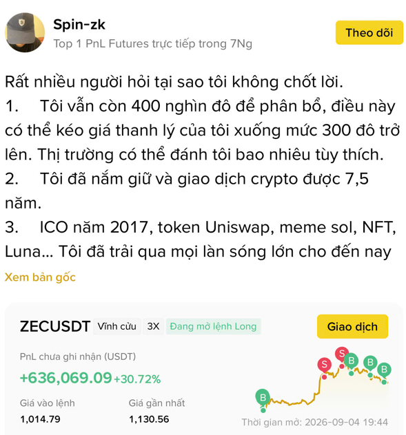 A screenshot of a social media post by 'Spin-zk' titled 'Top 1 PnL Futures trực tiếp trong 7Ng', detailing reasons for not taking profit, alongside a trading interface showing 'ZECUSDT' with a PnL of '+636,069.09'.