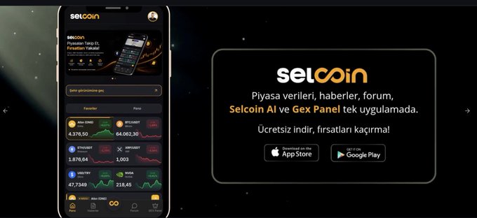 The image is a promotional banner for the Selcoin mobile app, featuring a smartphone mockup on the left displaying cryptocurrency market data (Altcoin at 4,376.50, Bitcoin at 64,062.30, Ethereum at 1,878.64, etc.) alongside the text "Selcoin: Piyasa verileri, haberler, forum, Selcoin AI ve Gex Panel tek uygulamada. Ücretsiz indir, fırsatları kaçırma!" with App Store and Google Play download buttons. The image aligns with the message by visually showcasing the Selcoin platform's trading interface, reinforcing the narrator's endorsement of it as a growing, independent investment opportunity.