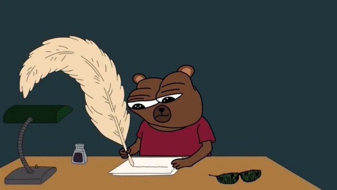 A cartoon bear character wearing sunglasses and a red shirt, writing at a desk with a large feather quill pen, with an ink bottle and sunglasses nearby.