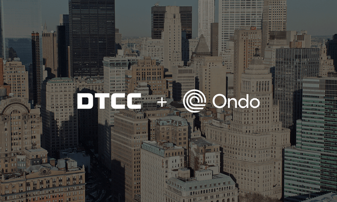 A black-and-white cityscape banner displays the text "DTCC + Ondo" with the @ symbol, promoting a partnership about tokenizing securities for after-hours trading settlement, as highlighted in The Information's article featuring Ondo's Ian De Bode discussing how DTCC onchain names Ondo among firms positioned to benefit from extended market settlement hours.