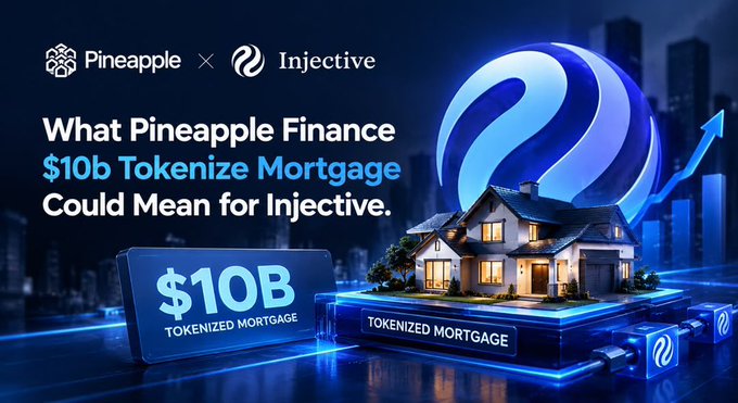 A promotional graphic for Pineapple Finance and Injective features a 3D house and a glowing Injective logo, with text reading 'What Pineapple Finance $10b Tokenize Mortgage Could Mean for Injective'.