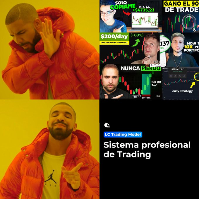 The Drake meme showing him rejecting and approving, with the rejected side showing various crypto day-trading YouTube thumbnails and the approved side showing 'LC Trading Model - Sistema profesional de Trading'.