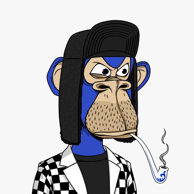 A cartoon illustration of a blue Bored Ape-style character wearing a black cap and checkered jacket, smoking a pipe with smoke forming a blue symbol.