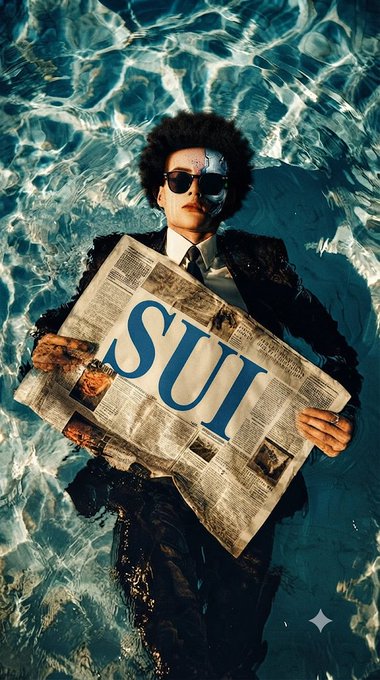 A person in a black suit and sunglasses floats in a swimming pool while reading a newspaper displaying the word "SUIT" in large blue letters.