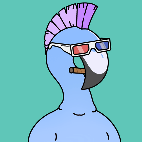 A cartoon illustration of a blue figure with a purple mohawk wearing red and blue 3D glasses (labeled "Flomingos") and smoking a cigar.