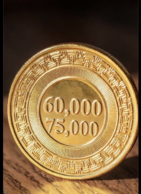 A shiny gold bitcoin token displays "60,000" above "75,000" in its center, hinting at the price range BTC is targeting. The accompanying "$BTC" post aligns with the image, celebrating Bitcoin's return to the spotlight at these significant milestone levels.