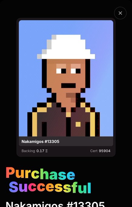 A digital NFT purchase confirmation screen showing a pixel art character called 'Nakamigos #13305' with a 'Purchase Successful' message, backed at 0.17 ETH.