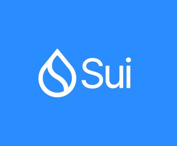 The Sui cryptocurrency logo, featuring a white water droplet icon and the word 'Sui', is displayed on a solid blue background.