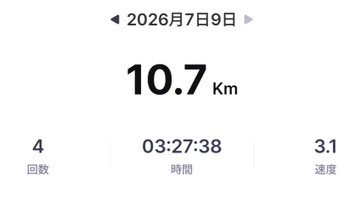 Running stats dashboard for July 9, 2026, displaying 10.7 km total distance, 4 runs, 3:27:38 time, and 3.1 pace.