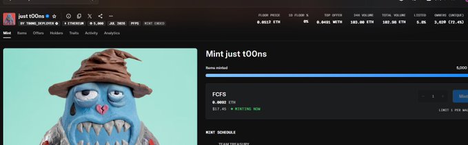 A NFT mint page on the platform 'just t00ns' showing a cartoon blue monster wearing a brown hat, with mints priced at 0.0017 ETH and status 'MINTING NOW'.