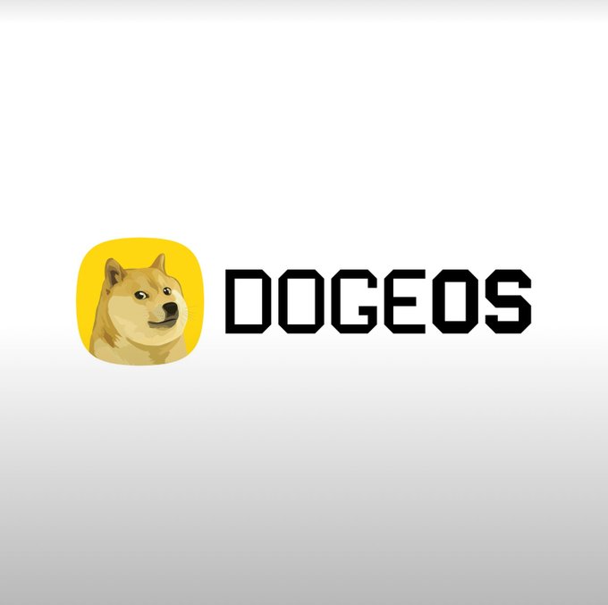 Logo for 'DOGEOS' featuring a Shiba Inu dog icon in a yellow square next to bold black pixel-style text on a light background.