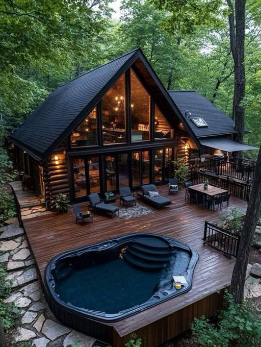 An aerial view of a dark wooden A-frame cabin in a forest featuring a large back deck with lounge chairs, a dining table, and a hot tub