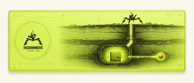 A yellow-green stylized graphic design featuring a crab logo and the text 'HOODMINERS', depicting a cross-section of an underground tunnel leading to a treasure chest.