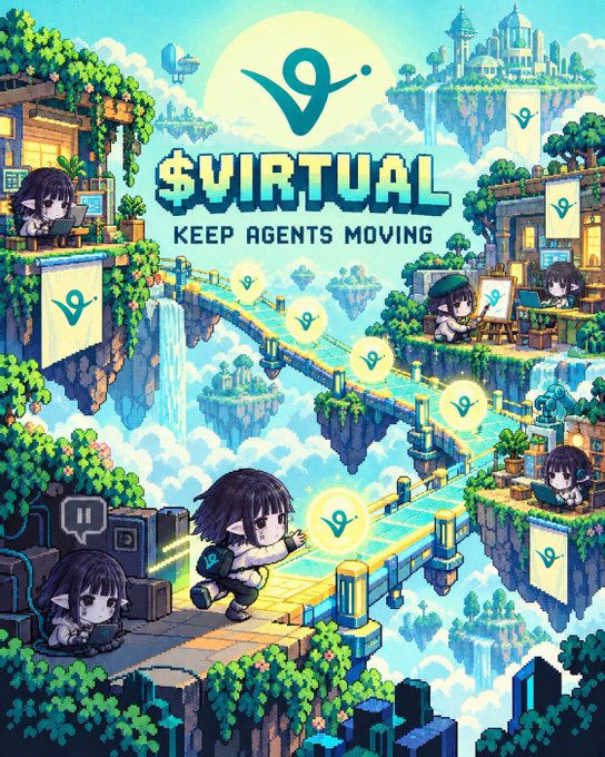 A vibrant pixel-art illustration shows a central character running across a glowing yellow bridge connecting floating sky islands, with the text "$VIRTUAL" and "KEEP AGENTS MOVING" displayed prominently beneath a stylized "V" logo, while other characters work on laptops at workstations across the islands and golden location markers trace a path forward. The image visually reinforces the post's message about the $VIRTUAL ecosystem's expanding agentic infrastructure, symbolizing the interconnected network of AI agents actively moving and developing across the Virtuals platform.