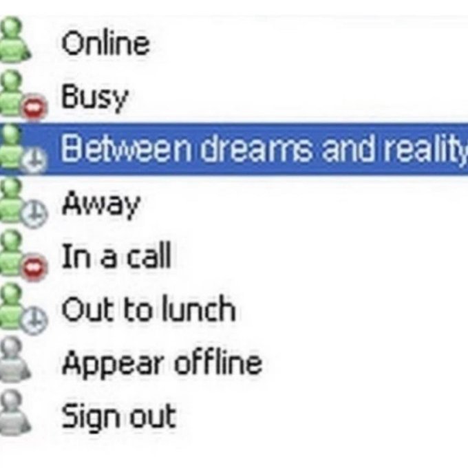A chat application's status menu showing options like "Online," "Busy," "Away," and "In a call," with a custom status reading "Between dreams and reality" highlighted in blue.