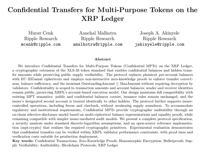 The image displays the title page of an academic paper titled "Confidential Transfers for Multi-Purpose Tokens on the XRP Ledger" by Murat Cenk, Aanchal Malhotra, and Joseph A. Akinyele from Ripple Research, which introduces cryptographic extensions to the XLS-33 token standard for enabling confidential transactions—directly supporting the post's claim about XLS-33 advancing privacy features to attract institutional adoption.