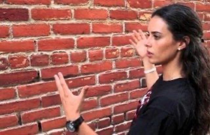A person in a black t-shirt gestures animatedly towards a brick wall, a visual metaphor for explaining the speculative nature of memecoin investments. There is no visible text, numbers, or tickers in the image.