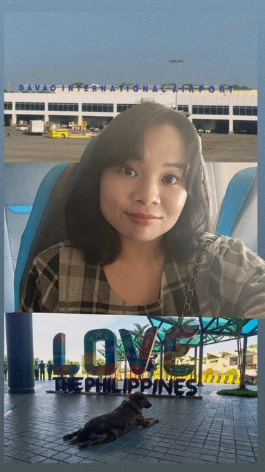 A selfie of a woman in an airplane seat above an image showing the 'Davao International Airport' and a 'LOVE THE PHILIPPINES' sign with a dog resting nearby.