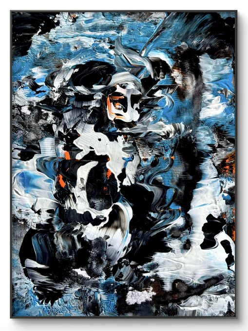 An abstract painting features swirling brushstrokes in black, white, and blue with small orange accents, creating a chaotic, dynamic composition.