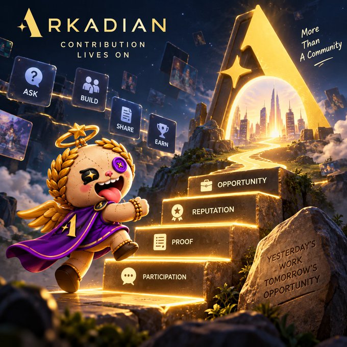 A promotional graphic for 'ARKADIAN' featuring a voodoo doll character climbing golden steps labeled 'PARTICIPATION', 'PROOF', 'REPUTATION', and 'OPPORTUNITY', with the tagline 'CONTRIBUTION LIVES ON' and 'More Than A Community'.