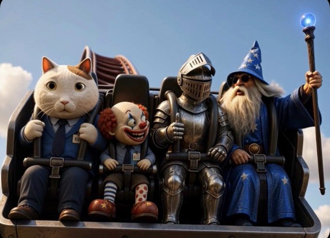AI-generated image showing a cat, a clown doll, a knight, and a wizard riding together on a roller coaster against a blue sky.
