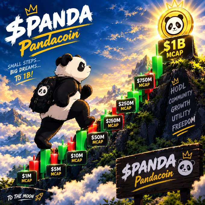 A promotional graphic for '$PANDA Pandacoin' features a panda climbing upward on a mountain of green and red candlesticks, with market cap milestones from $1M to $1B MCAP, accompanied by the slogans 'SMALL STEPS... BIG DREAMS... TO 1B!' and 'HODL COMMUNITY GROWTH UTILITY FREEDOM TO THE MOON'.