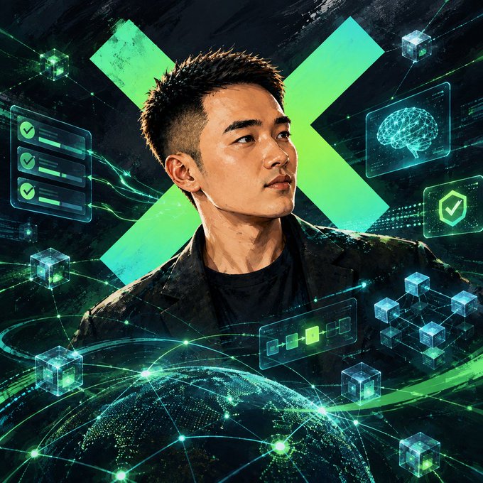 A digital artwork featuring a young man in a dark jacket surrounded by floating holographic tech elements, glowing green cubes, a brain graphic, and a large green 'X' in the background.