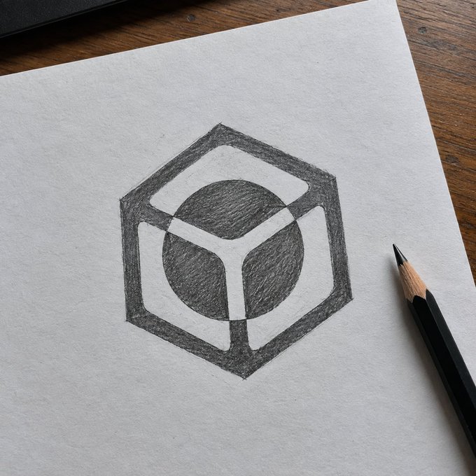 A pencil sketch on white paper showing a hand-drawn version of the NucleusCodes hexagonal cube logo, with a black pencil resting on the wooden surface beside it.