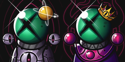 Two cartoon robot characters with green domed heads, X-shaped eyes, and gray bodies are shown side by side, one adorned with a planet ring and the other with a crown.
