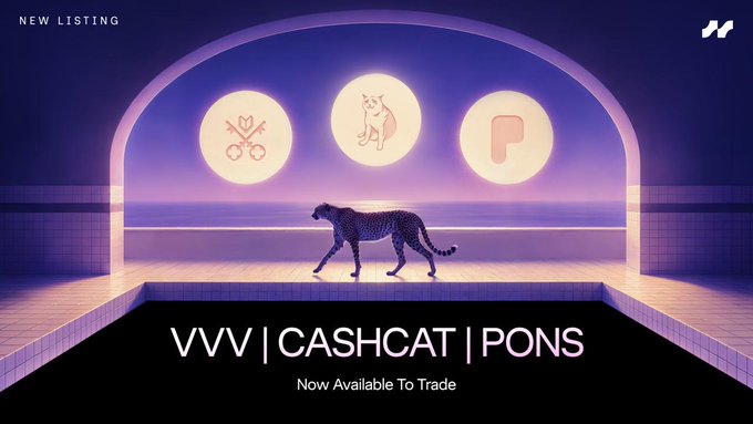 A promotional graphic announces three new cryptocurrency listings—VVV, CASHCAT, and PONS—available to trade, featuring a stylized cheetah walking beneath three glowing coin icons that represent each token, with the "NEW LISTING" header tying directly to the post's announcement of up to 10x leverage trading.