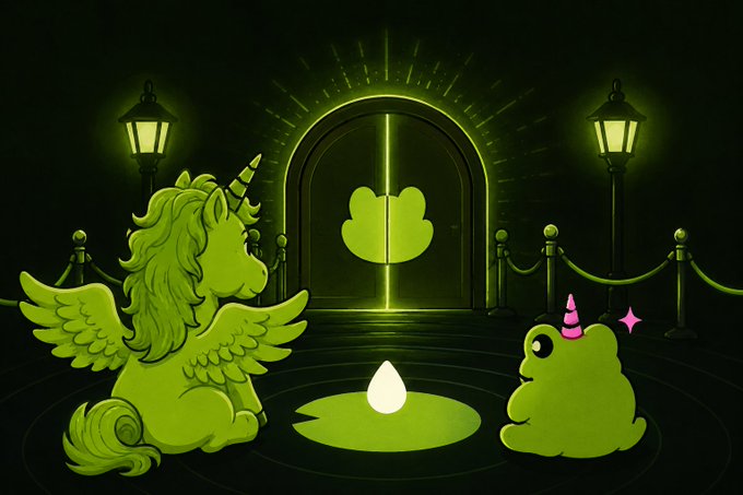 An illustrated scene in green tones features a winged unicorn and a frog with a small pink party hat sitting on a circular platform facing a glowing arched doorway with a clover-like emblem.