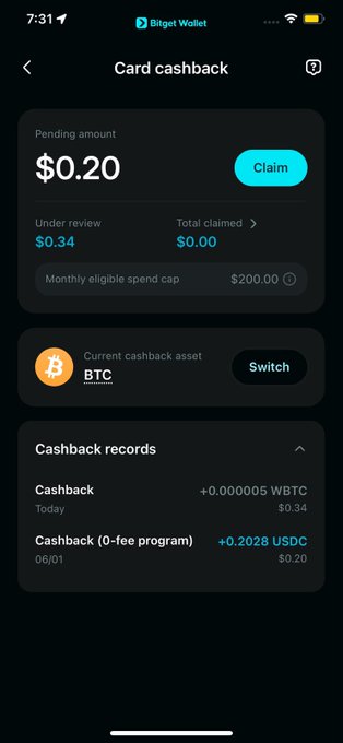 A Bitget Wallet app screen displays 'Card cashback' with a pending amount of $0.20, under review $0.34, and a cashback record showing +0.2028 USDC earned on 06/01.
