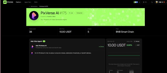 A screenshot of a webpage on 'moss' for an AI agent named 'PixVerse AI #175', priced at 10.00 USDT on the BNB Smart Chain, showing chat interface details.