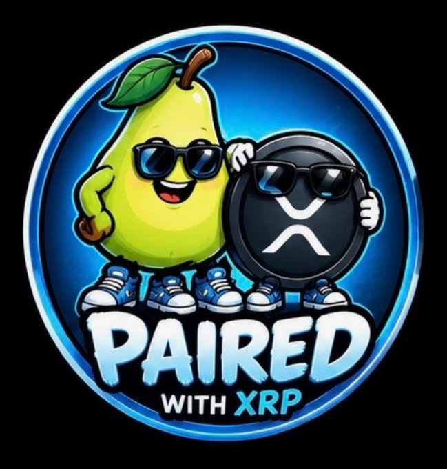 A colorful logo features a cartoon pear and a black XRP coin wearing sunglasses, with the text 'PAIRED WITH XRP' on a blue circular badge.