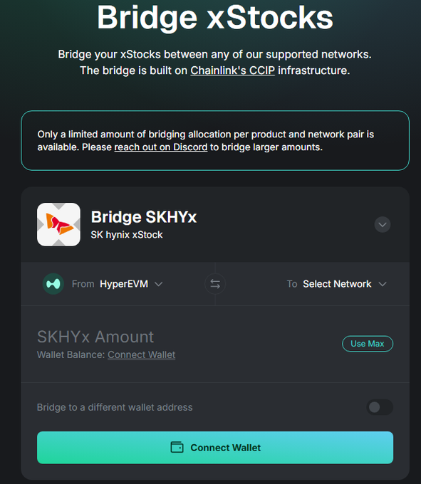 The image shows the official xStocks bridge interface, specifically displaying "Bridge SKHYx" (SK hynix xStock) with options to transfer from HyperEVM to a selected network, supporting the post's claim that xStocks now enables cross-chain bridging directly from HyperEVM to other networks.