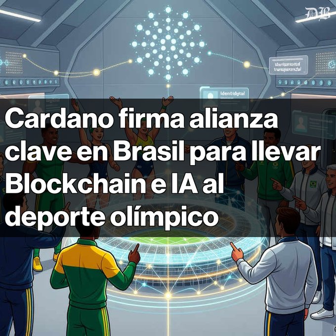 The image features a group of people standing around a large screen displaying an advertisement for a blockchain company called Cardano. The advertisement includes text that translates into Spanish, suggesting that the audience may be from a Spanish-speaking country or interested in the technology being promoted. The focus on innovation and collaboration is evident as it highlights how the blockchain technology can be used to improve various aspects of our lives, such as identity management and data security.