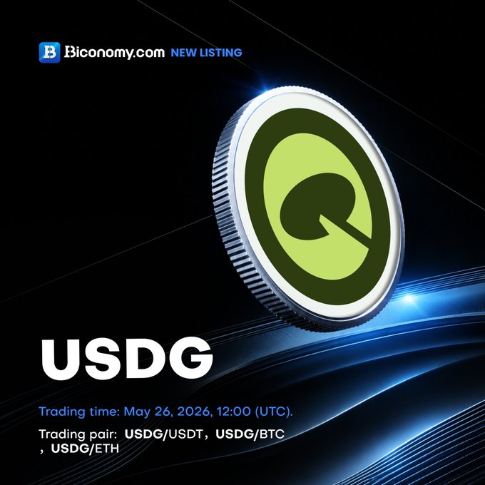 The image features a green coin with a white dot on top that has the word "USSDG" written on it, which stands for United States Dollar General Corporation (USSDG). The coin is floating in mid-air against a black background, creating an interesting visual effect. Below the coin, there's text that reads "NEW LISTING $USDG We are excited to announce that @GlobalDollar will be listed on BiconomyCom!". This post seems to be promoting a new listing for USSDG coins and possibly discussing the details of the coin or its trading pair with users of Biconomy.