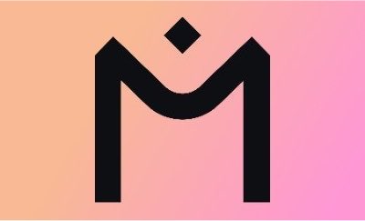A minimalist black logo shaped like the letter 'M' with a diamond dot above it, set against a pink and orange gradient background.