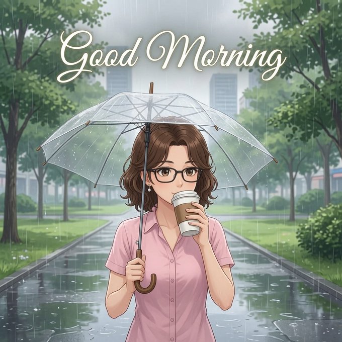 An anime-style illustration of a woman with brown hair and glasses holding a transparent umbrella and a coffee cup in the rain, with "Good Morning" written in elegant script above.