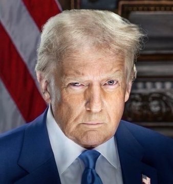 A serious-looking older man with blonde hair wearing a blue suit and tie, photographed in front of an American flag.