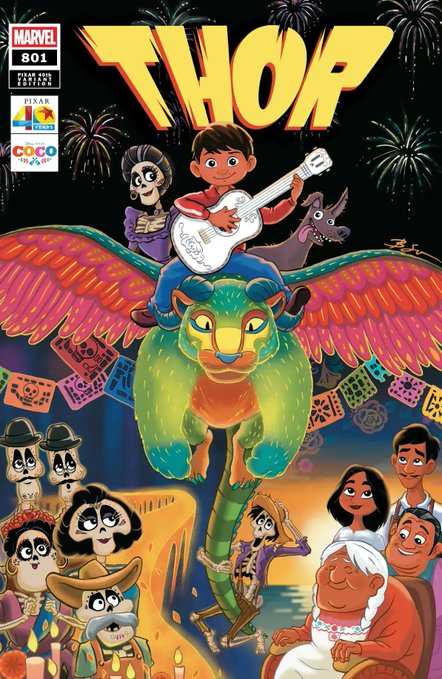 This is a Marvel "Thor #801" comic book variant cover featuring Pixar's *Coco* characters, showing Miguel riding the winged alebrije Pepita alongside Hector and Dante, with the Rivera family gathered below amid festive papel picado banners. The "CINEMA FORCES" and "COCO" logos appear in the top-left corner, highlighting the Disney-Pixar crossover collaboration.