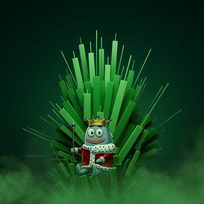 A 3D illustration shows a small blue character wearing a golden crown and royal red cape, seated before an explosion of green geometric pillars.