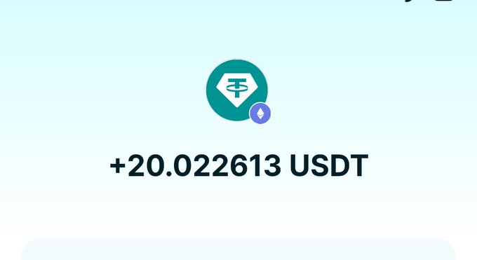 A financial transaction confirmation screen showing a transfer of +20.022613 USDT on the Tether (USDT) platform.